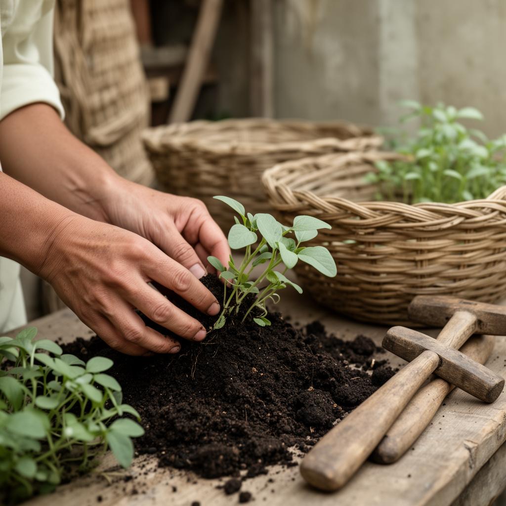 Hands working with soil and seedlings